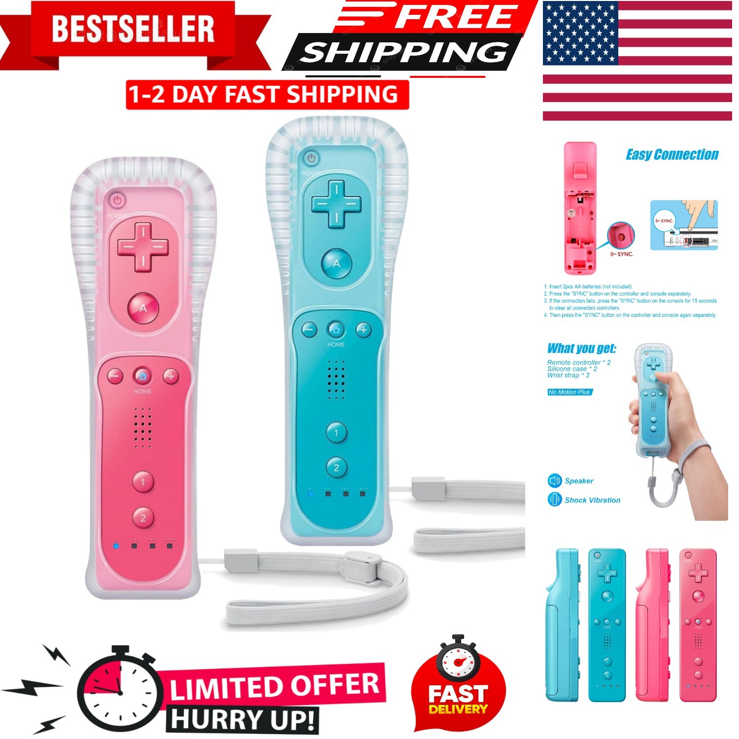 Remote Controller for Wii & Wii U, with Silicone Case and Wrist Strap, 2 pack…