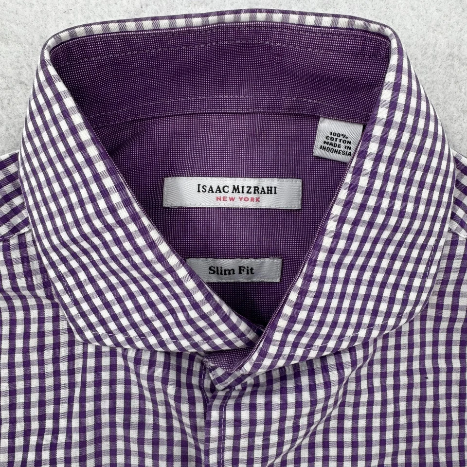 Camisa Isaac Mizrahi Para Hombres 15.5 Calce Ajustado Púrpura Blanco Cuadros Vestido Abotonado Algodón Foto 3 de 4