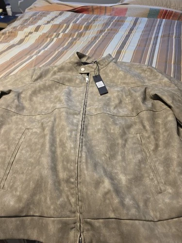 NOVAMEN Men’s Faux Leather Zip Jacket Band Collar Short Gray 2XL 42" image 4