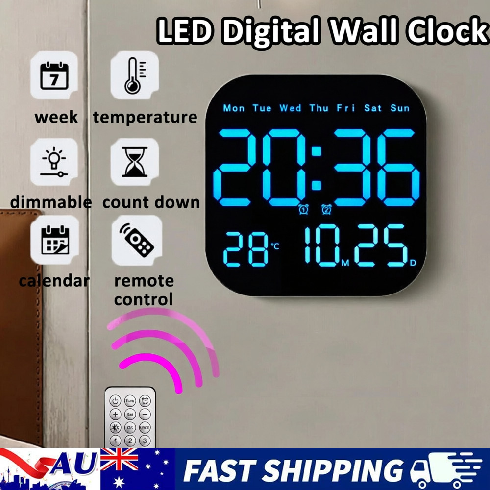 Large LED Digital Wall Clock with Remote Control Temperature Date Week Alarm