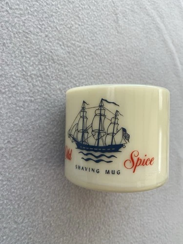 Vintage Classic Old Spice Shulton Milk Glass Mug - Blue Ship Red Old Spice VGC
