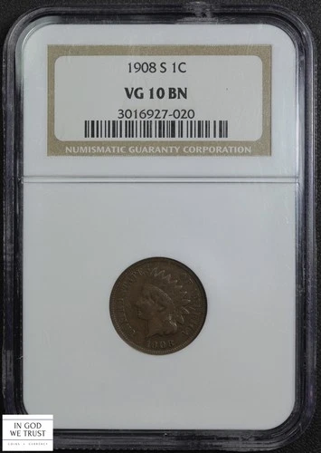 1908 S Indian Head Copper Cent 1C NGC VG 10 BN