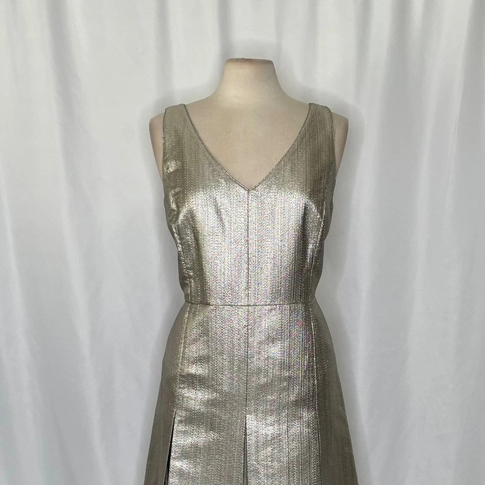 ¡¡NUEVO CON ETIQUETAS!! Vestido LAFAYETTE 148 New York Lois Oyster Metálico Plisado Plisado Talla 12 Foto 3 de 4