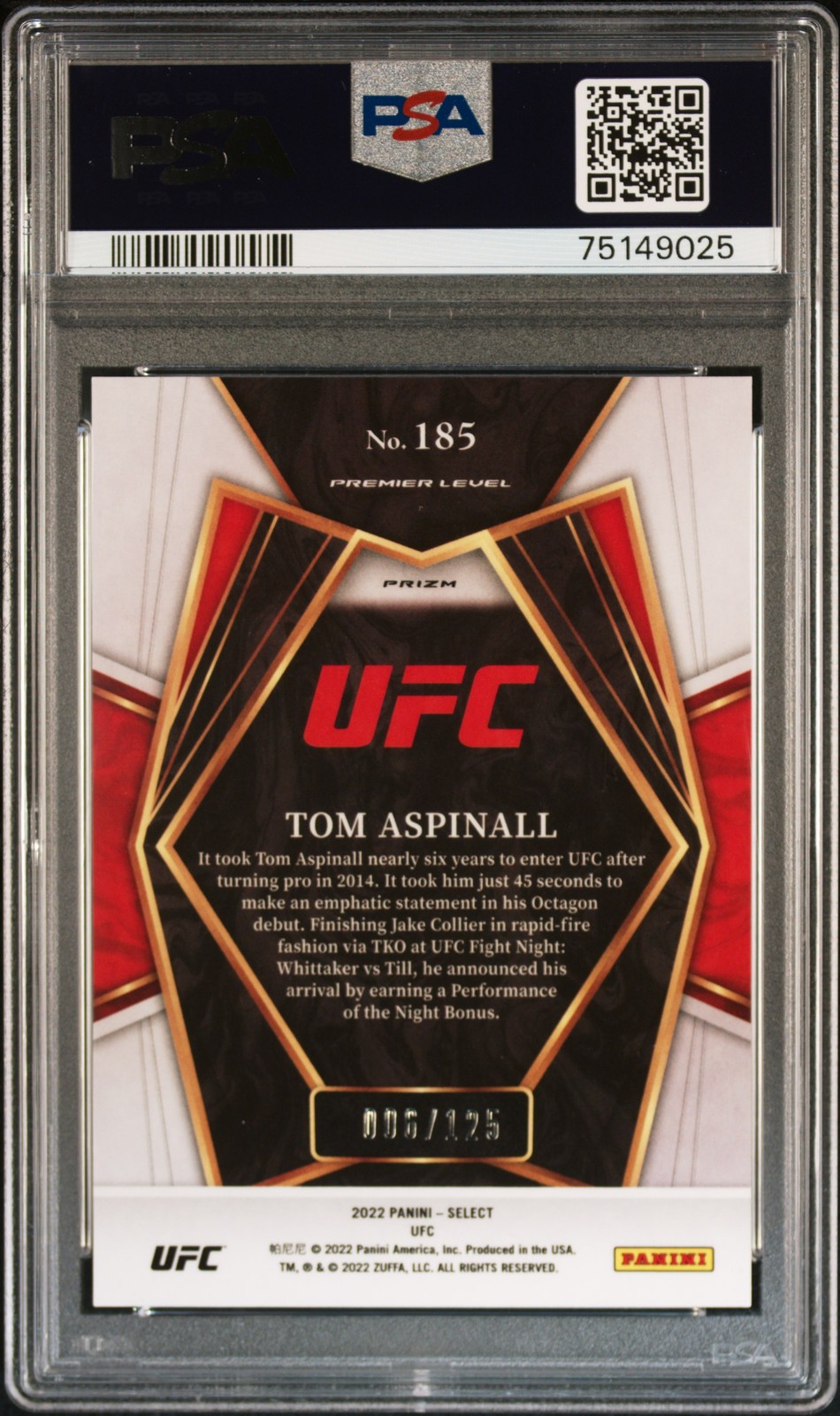 2022 Panini Select Ufc #185 Tom Aspinall Maroon Prizm PSA 10 view 2