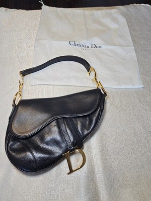 Vintage Black Leather Christian Dior Saddle handbag with Gold accents Circa 2002