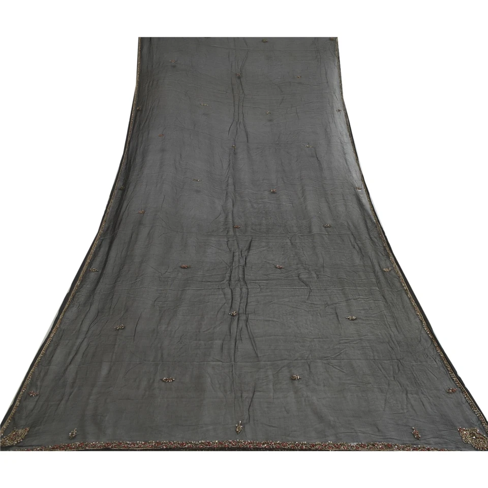 Санскрити винтажный Dupatta длинный украл чисто шифоновое шелк черный вручную бисером шарфы - Изображение 2 из 4