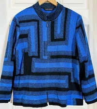 Ming Wang Geometric Knit Long Sleeve Zip Jacket Blue & Black Women's M / L