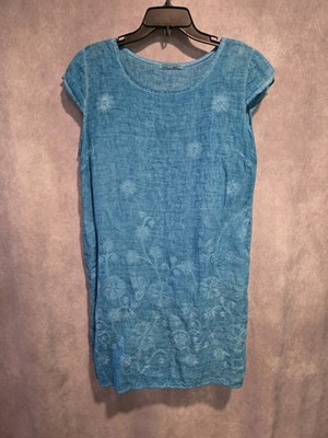 Women's Blue LINA Italian Embroidered Linen Midi Dress XL | eBay