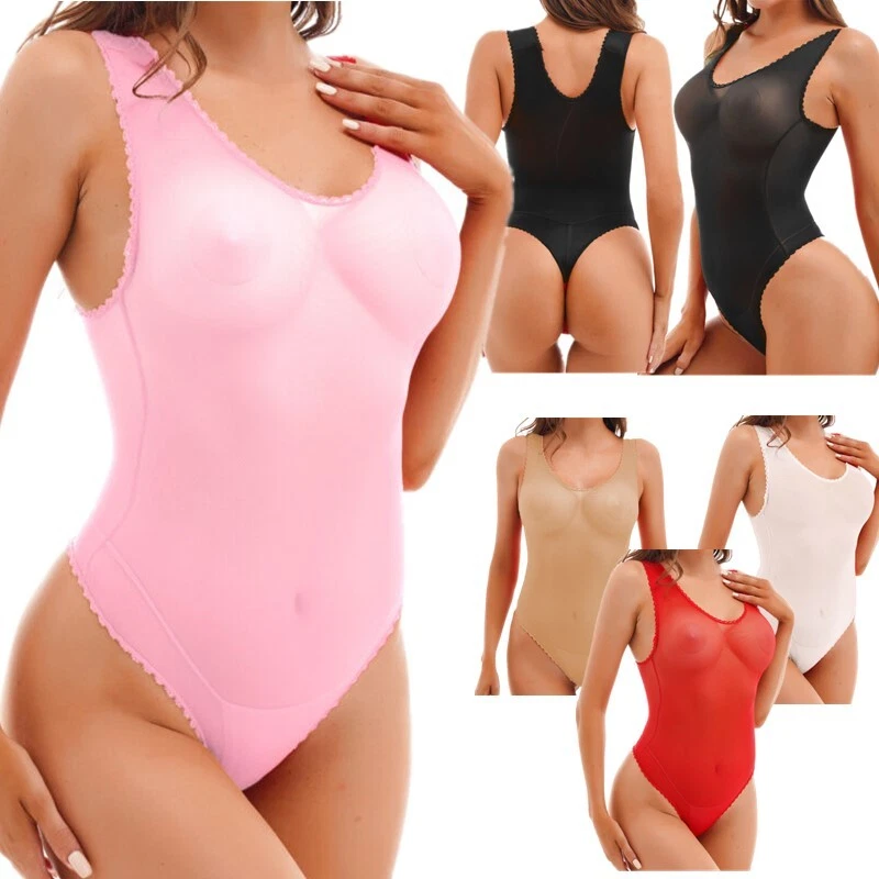 Womens One piece Swimsuit See through Bodysuit U Neck Sleeveless