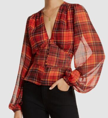 $449 LINI Women's Red Plaid V-Neck Sheer Long Balloon-Sleeve V-Neck Blouse Top S
