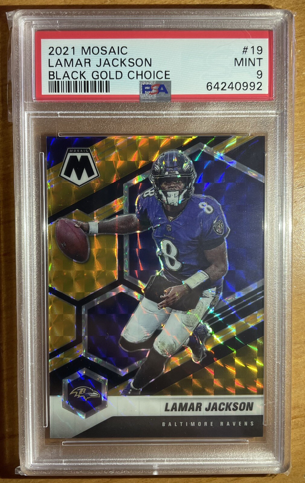 2021 Mosaic Lamar Jackson Black Gold Mosaic Prizm #3/8 #19 Ravens PSA 9