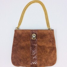 Vintage Ruth Saltz Handbag Purse Suede Snake Print Trim Brown Cougar Head Chain