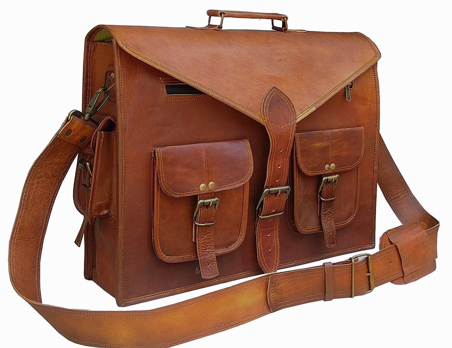 Leather Laptop Brown Briefcase Messenger Shoulder Crossbody Vintage Bag
