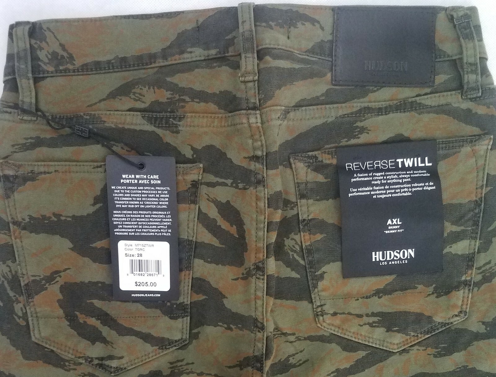 Hudson Axl Skinny Fit Tiger Camo Jeans - Size 28 - M715ZTWR-TGRC $205