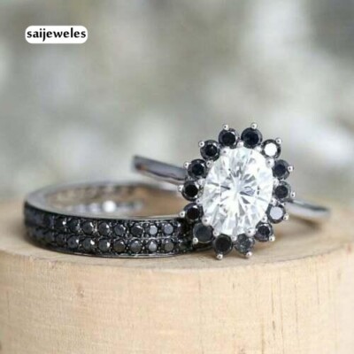 Lab-Created 3CT Oval Cut Diamond Engagement Wedding Trio Set 14K White Gold Over
