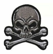 GRAY SKULL  CROSS BONES EMBROIDERED REFLECTIVE BIKER PATCH 3" X 3" IRON OR SEW