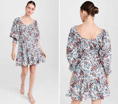NWT Cleobella Maxine Floral Organic Cotton Scoop Neck Ruche Mini Dress Womens M