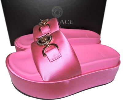 VERSACE Sandals Medusa Pink Satin Backless Mules Platform Slides
