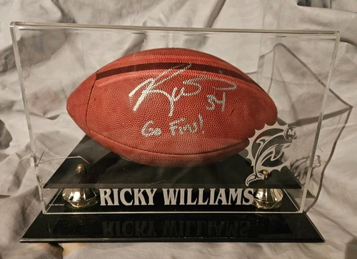 Ricky Williams #34 Miami Dolphins AUTOGRAPH Football in CUSTOM CASE "GO FINS!"