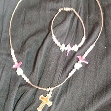 Beaded Necklace Bracelet Cross Pink Bird liquid silver strand type beads