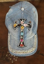 Vintage Y2K Silver  Gold Bedazzled Denim Cross Jewelled Hat