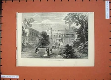 Old Antique Print 1874 Fine Art Garden Northumberland House Trees People 19th