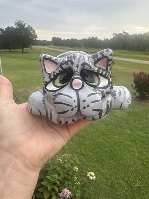 Vintage Art Pottery Stoneware Cat Planter Hand Painted Whimsical Fun 1982