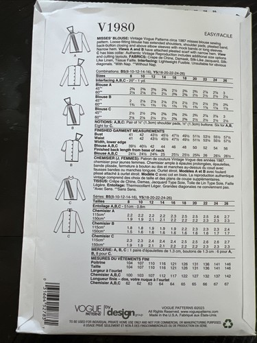 UNCUT Vogue V1980 Misses 1987 Design Blouse Variations Y5 (18-26) Sewing Pattern - Picture 2 of 2
