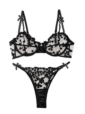 Lilosy Sexy Cute Underwire Push Up Strappy Heart Embroidered Small, Bow Black 