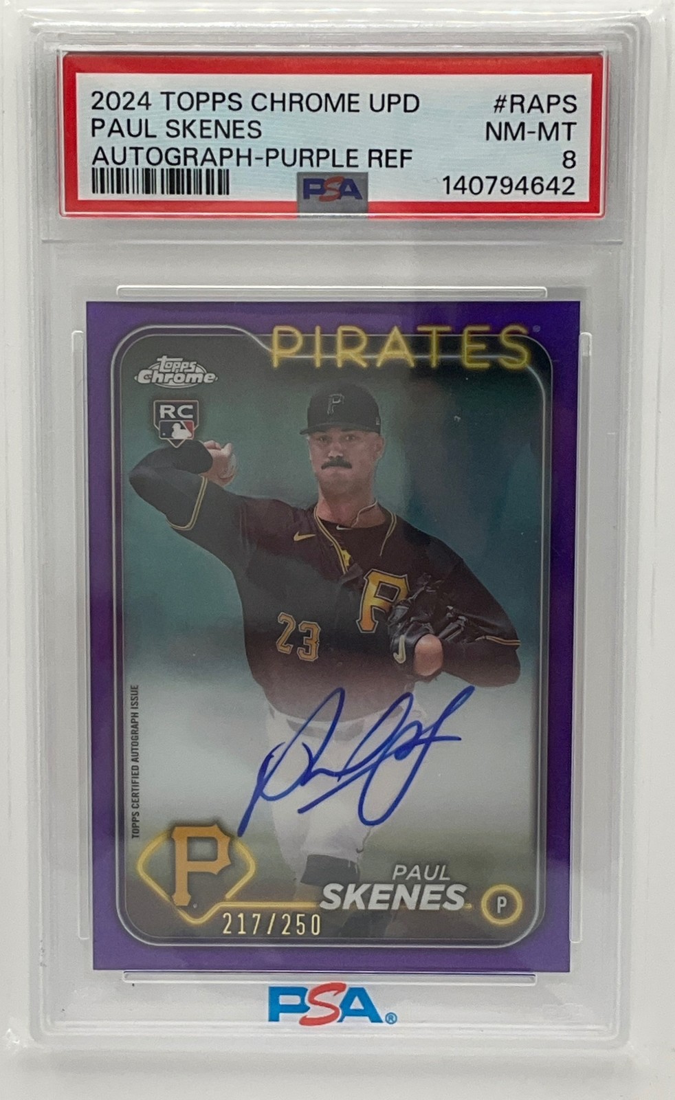 2024 Topps Chrome Update Paul Skenes Purple Refractor Auto /250 Pirates PSA 8