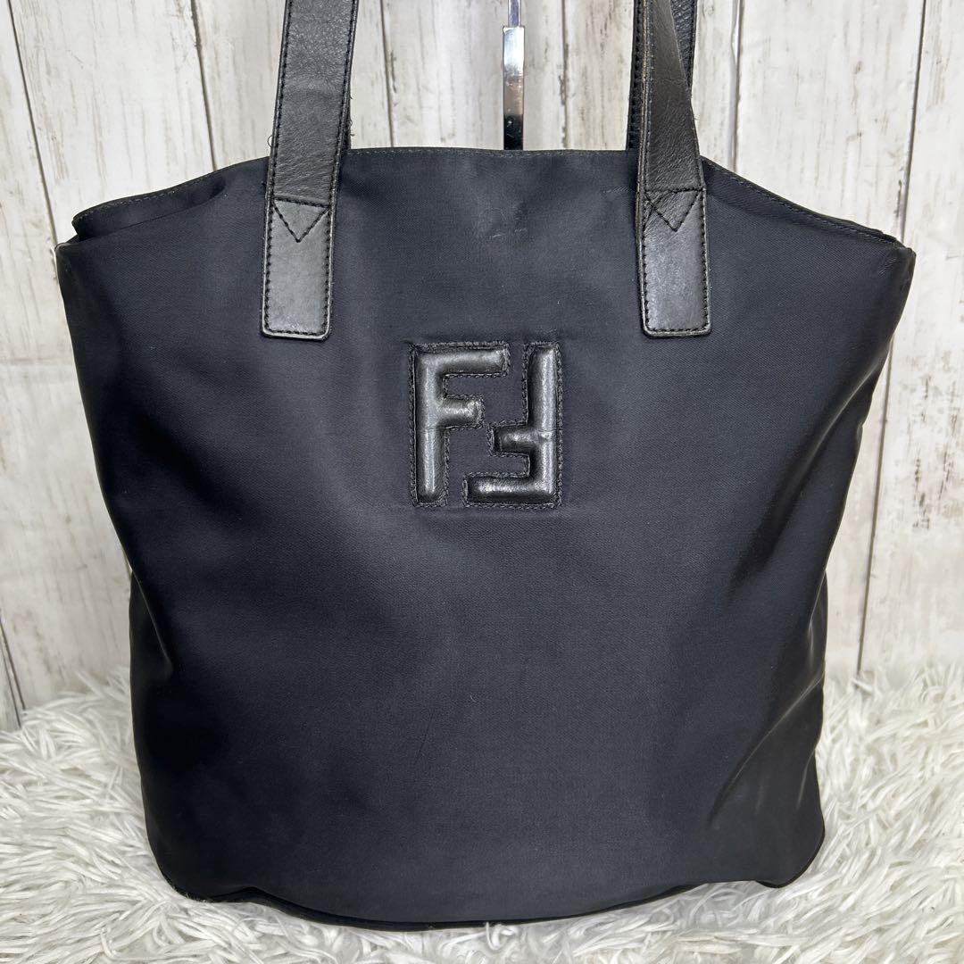 Fendi FF Logo Black Nylon Shoulder Tote Bag Preowned Excellent Condition