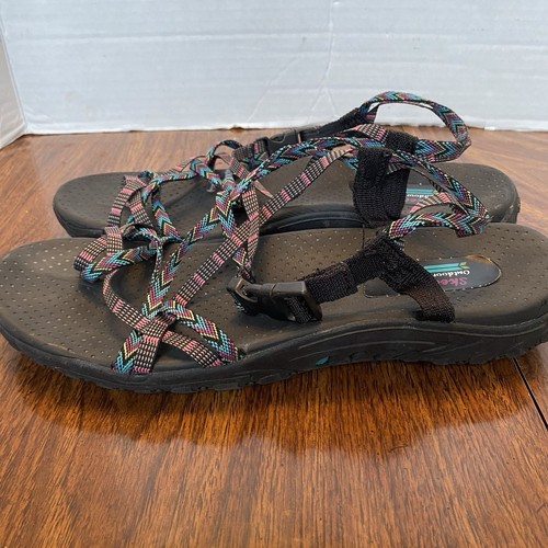 Skechers Sz 11 Women’s Reggae Loopy Blue Pink Strappy Toe Loop Sport Sandals - Picture 4 of 8