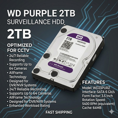 WD Purple 2TB Internal Hard Drive Surveillance HDD 3.5'' SATA III 64MB WD23PURZ