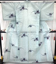Japanese Vintage Kimono Silk Blue Komon No Lining Traditional Length 62 in