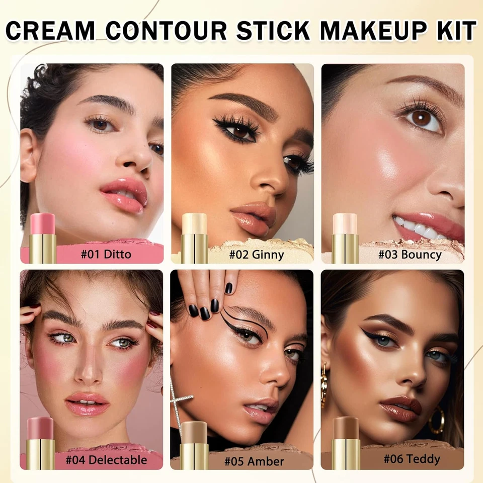 6 Colors Cream Contour Stick Makeup Kit, Double-Ended Cream Highlighter Stick Br - Image 2 of 4