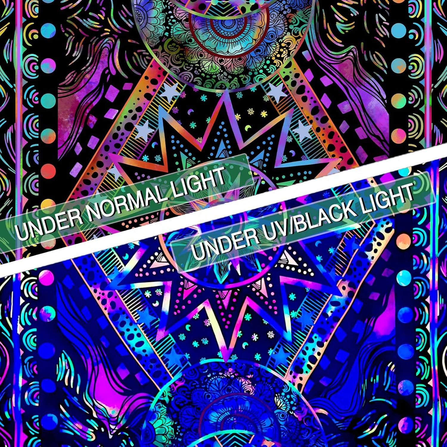 Blacklight Sun and Moon Tapestry Glow in The Dark Neon Hippie Bohemian Tapestrie