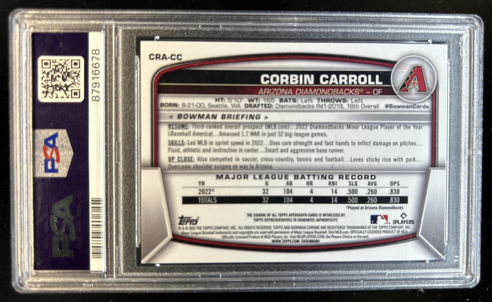 2023 Bowman Chrome Corbin Carroll Rookie Auto RC Green Refractor #/99 PSA 10 view 2