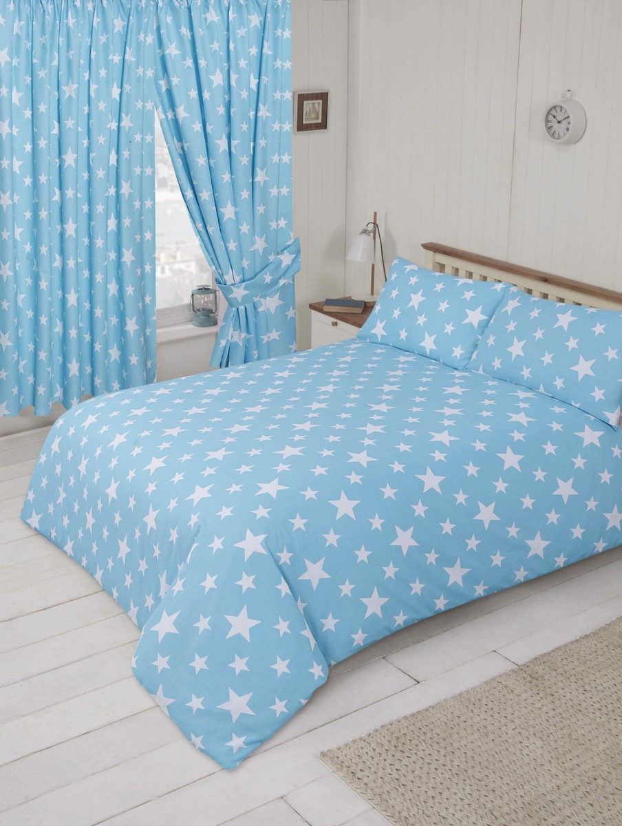 DOUBLE BED DUVET COVER SET STARS DUCK EGG BABY BLUE BEDDING SET