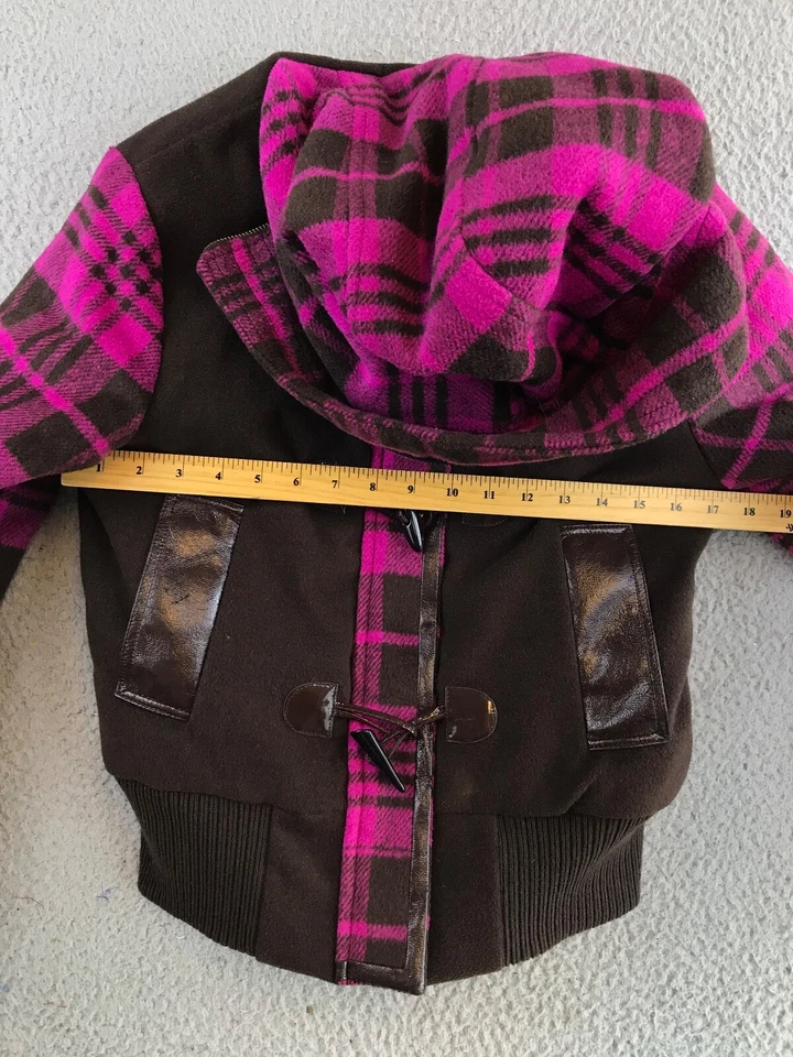 Chaqueta COOGI Mujer Pequeña Rosa Marrón A Cuadros Con Capucha Cremallera Palanca Abrigo Bordado Foto 2 de 4