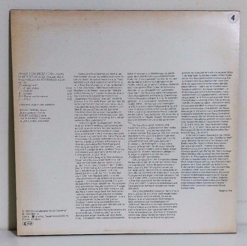 Schubert-Quintet Forellenquintett/Serkin/Jaime Laredo/Parnas CBS Germany 1975 NM - Image 2 of 4