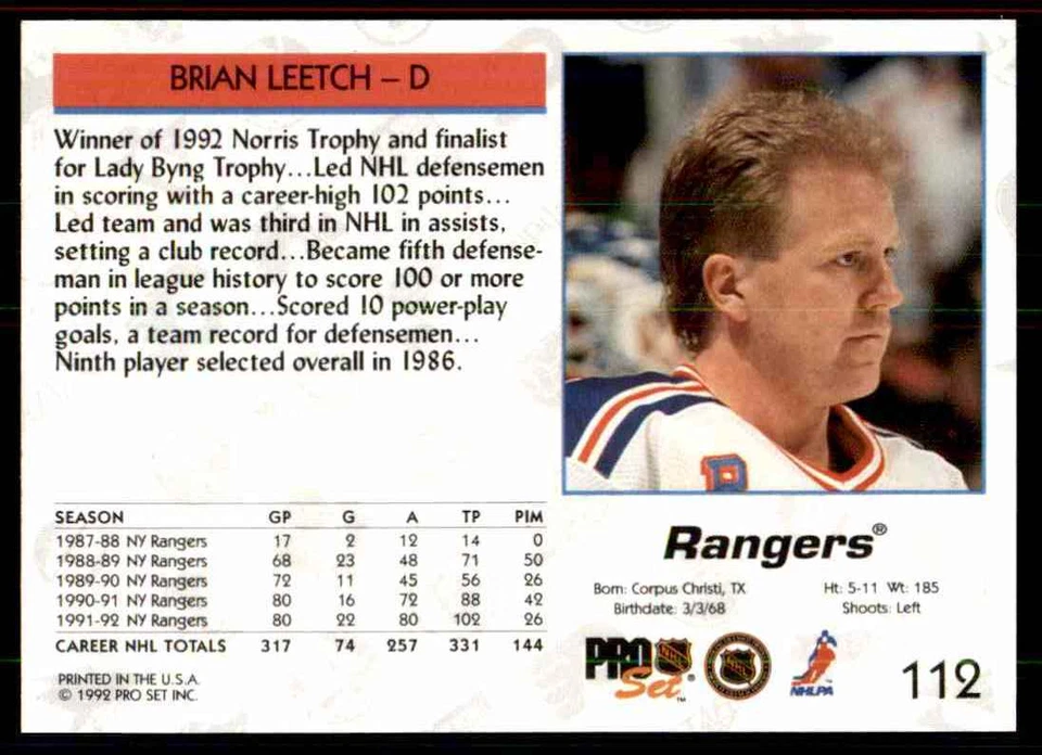 1992-93 Pro Set Brian Leetch #112 - Image 2 of 2