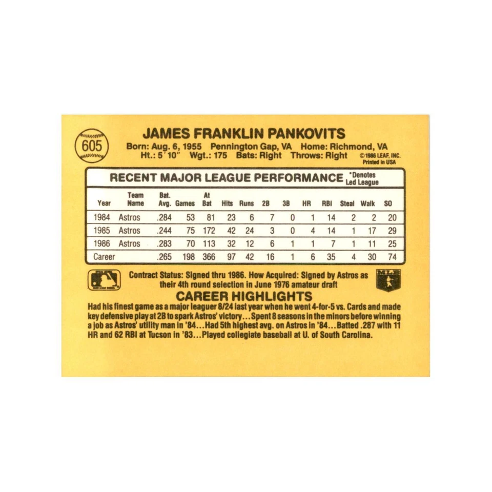 1987 Donruss Jim Pankovits Baseball Cards #605 - Image 2 of 3