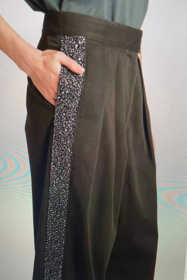 $1575 New Dries Van Noten Kaki Green Cotton Wide Leg Stripes Pants Trousers 40