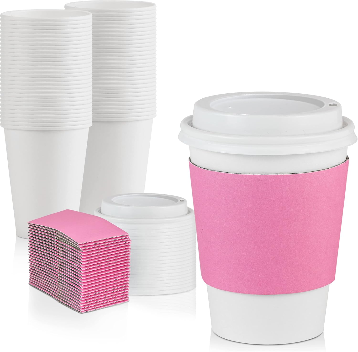 50-Pack 12oz Disposable Coffee Cups with Lids & Pink Sleeves, Lead-Free Hot Drink Cups