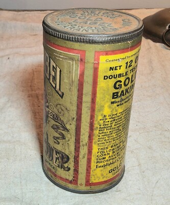 ANTIQUE GOLD LABEL BAKING POWDER UNOPENED TIN 12 OUNCES JAQUES MFG