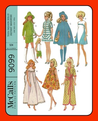 11½'' Doll Clothes Pattern Instant Wardrobe CAPE Hat BOOTS More 9099 Vtg 1967