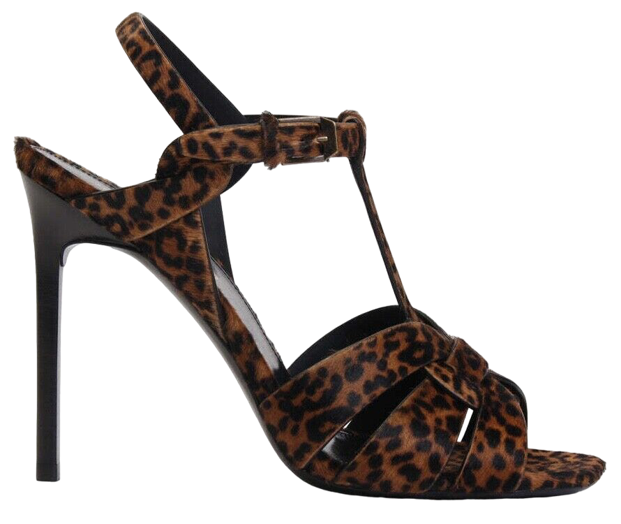 Saint Laurent YSL Tribute Black Brown Leopard Pony T Strap Sandal