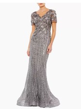 NWD $798 Mac Duggal [ 16] Embellished V Neck Cap Sleeve Trumpet Gown Grey Q656