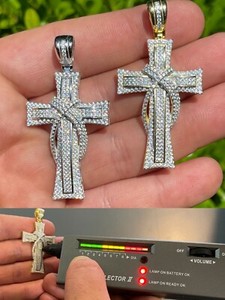 Authentic MOISSANITE Real 925 Silver Gold Plated Cross Pendant Necklace Iced Pass Tester