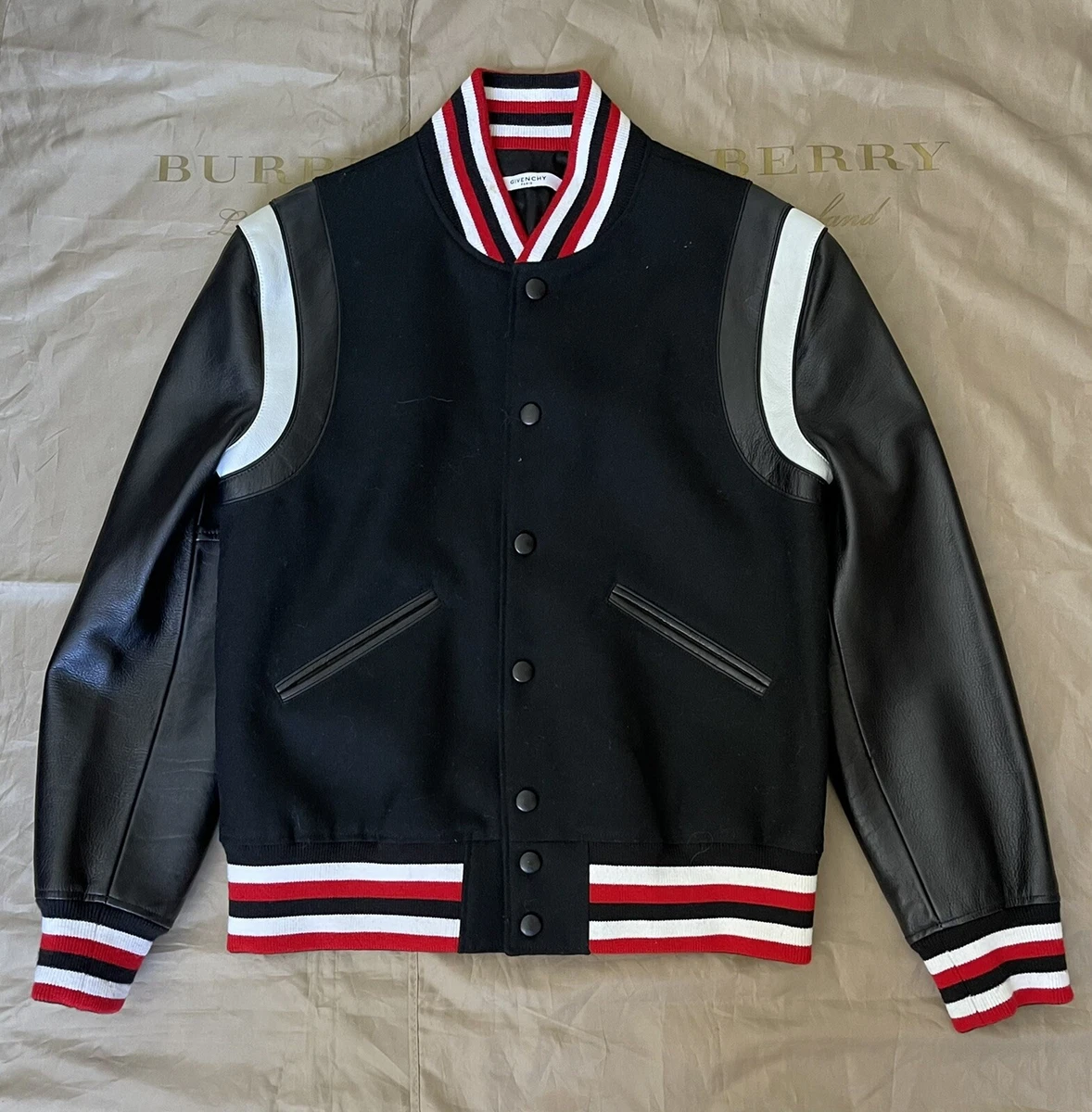 GIVENCHY Striped Bomber Jacket with Leather Sleeves, Black Size 52 $4200